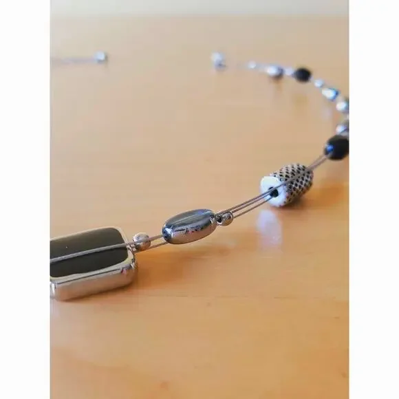 Lia Sophia Multi Strand Tiered Beaded Necklace Black Silver Blue Tone - Picture 3 of 7